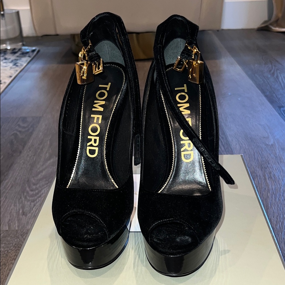 Tom Ford Black Peep-Toe Heels with Gold Accents
